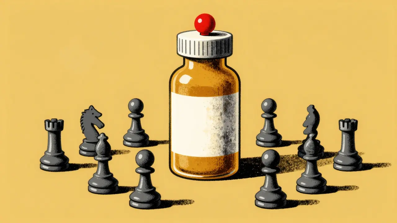 A giant medicine bottle as a chess piece on a board in a minimalist graphic style.