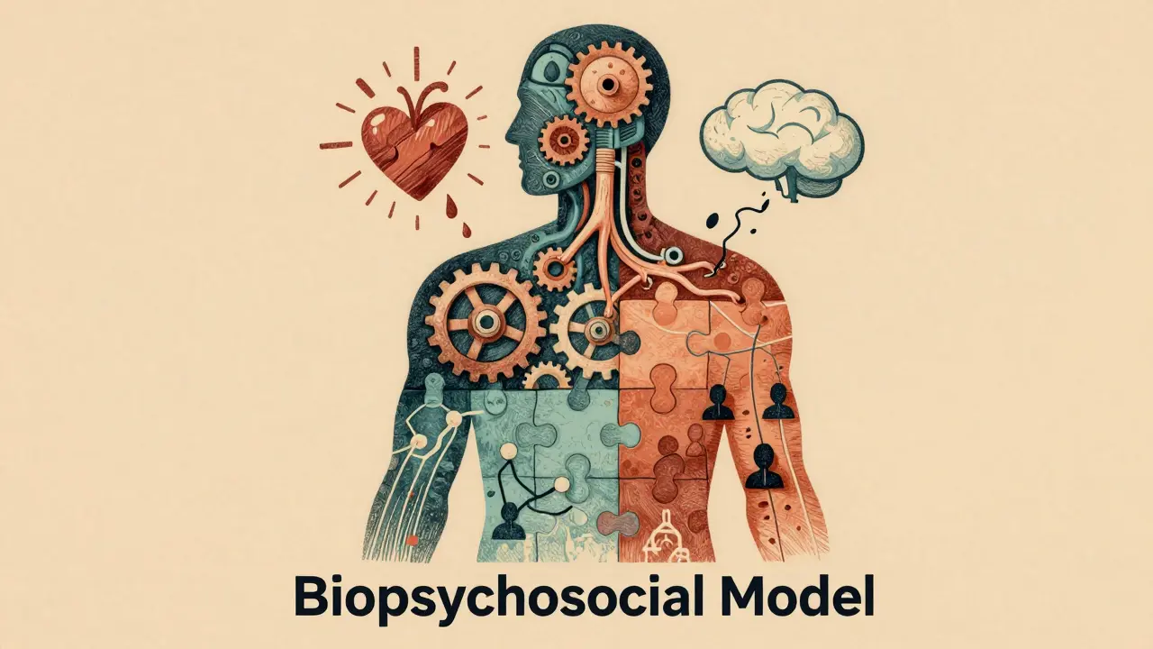 A human silhouette as a puzzle of biological, psychological, and social elements.