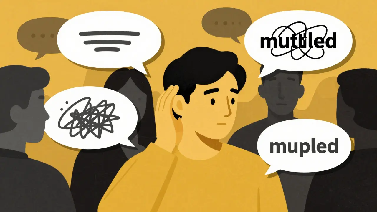 A person in a crowded space with abstract, garbled speech bubbles representing hearing loss.