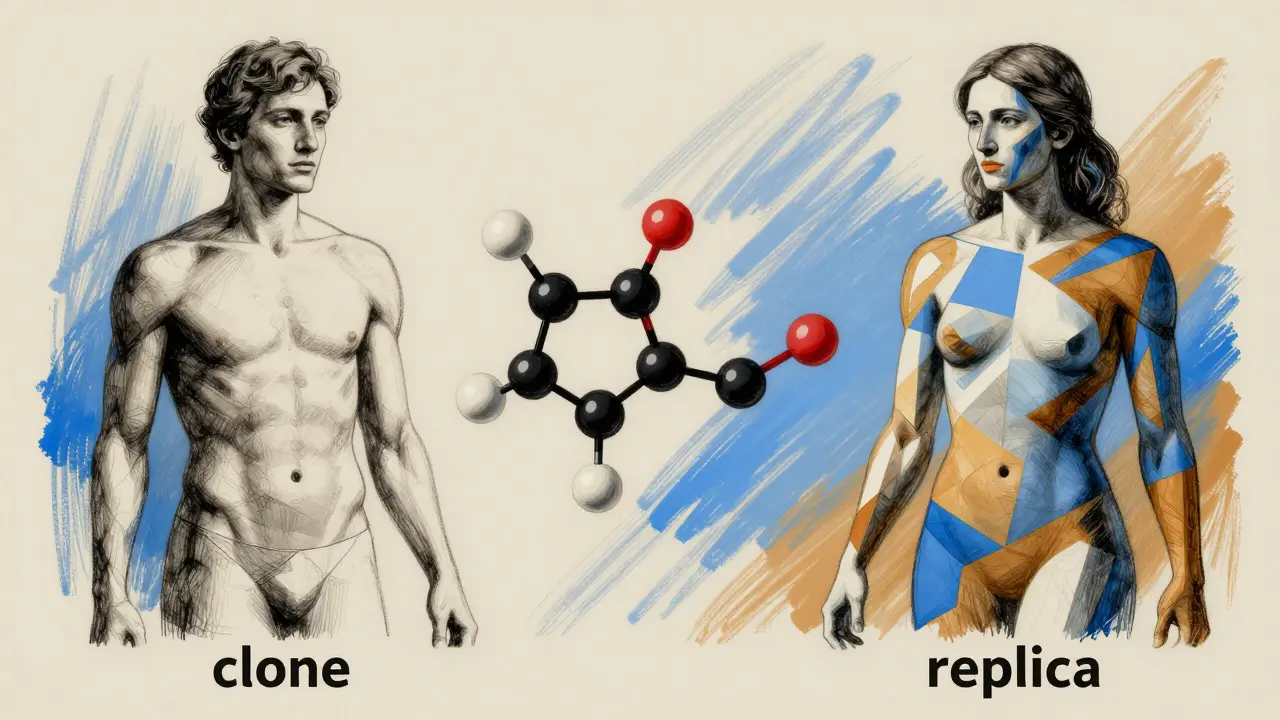 Abstract illustration comparing a perfect mirror molecule and a distorted replica molecule.