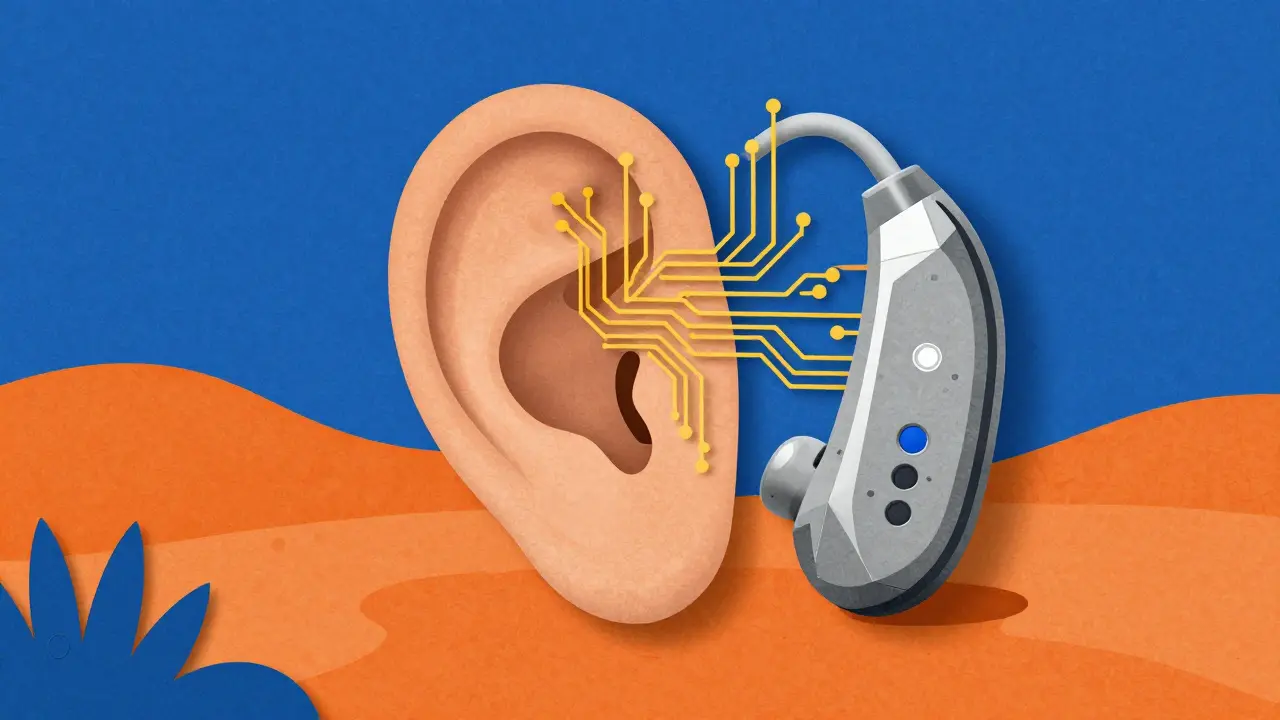 Conceptual art of a hearing implant and digital circuits merging with an organic ear.