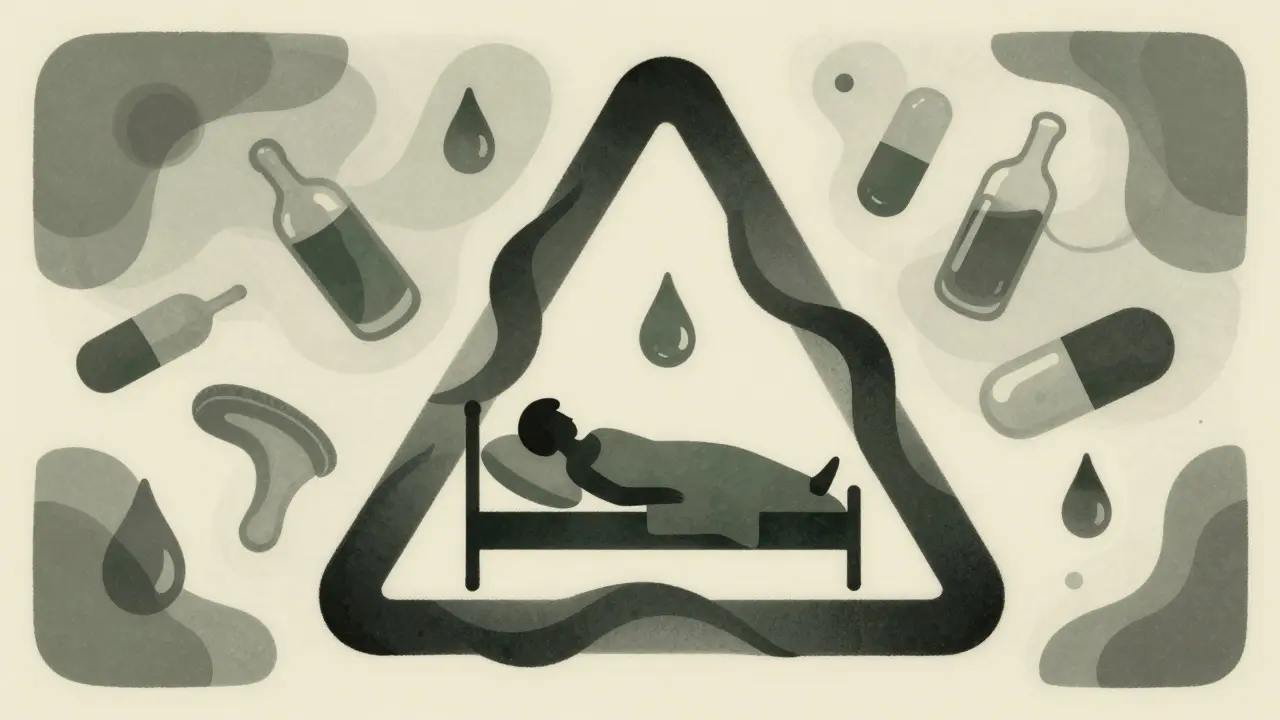 Conceptual art of a person resting inside a large warning triangle with floating medicine symbols.