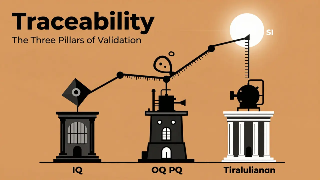 Conceptual artwork of a chain of standards leading to a sun above three architectural pillars.