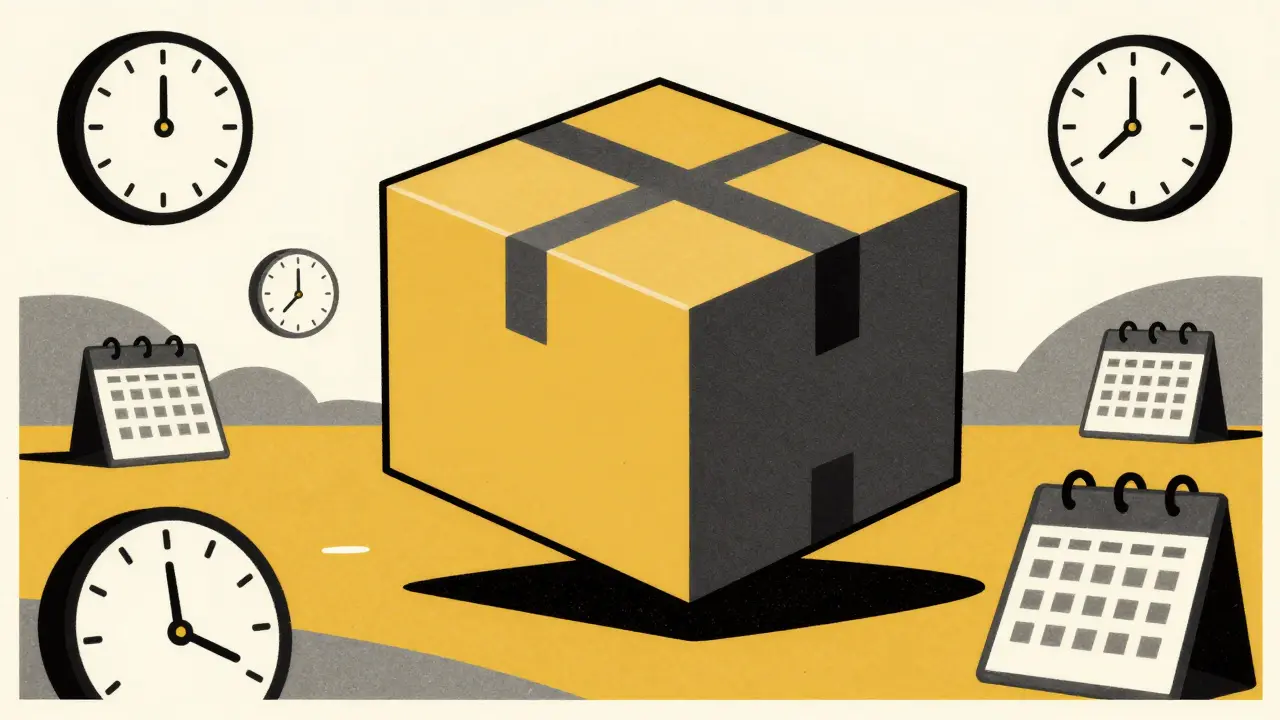 Conceptual artwork of a medical package traveling through time and space.