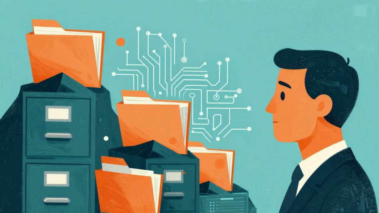 Graphic depiction of paper records transforming into a digital circuit pattern.