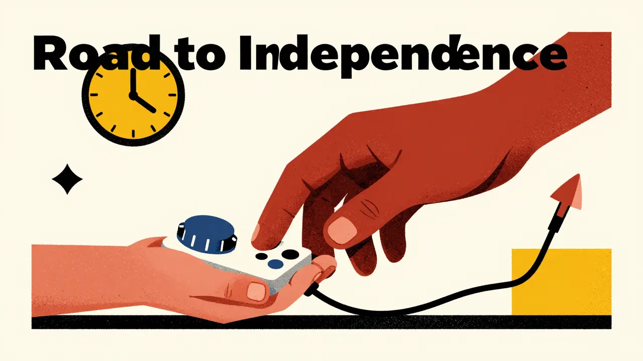 Graphic illustration of a care partner guiding a patient through training