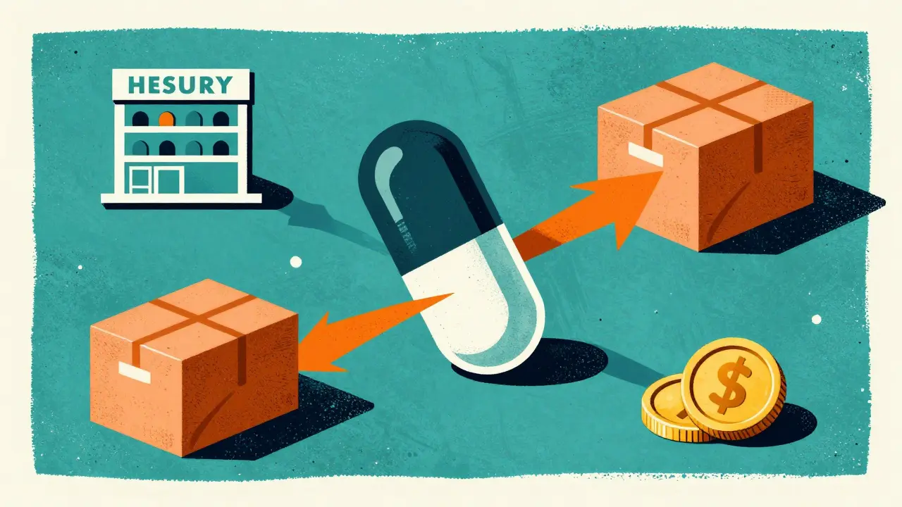 Stylized graphic of a medicine tablet splitting into paths representing cost and delivery.